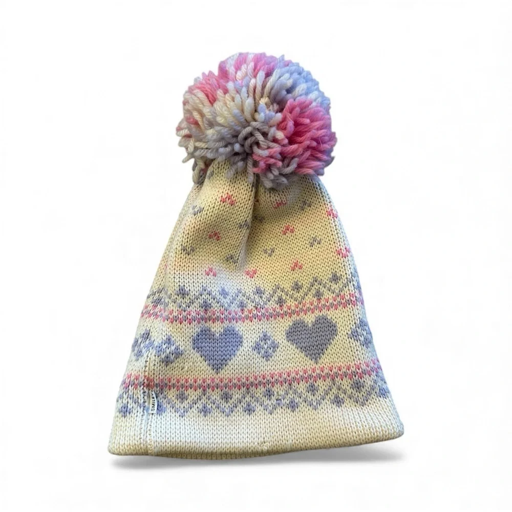 Vintage Smiley Wool Girls Purple Pink Heart Pom Pom Beanie Hat Made in USA